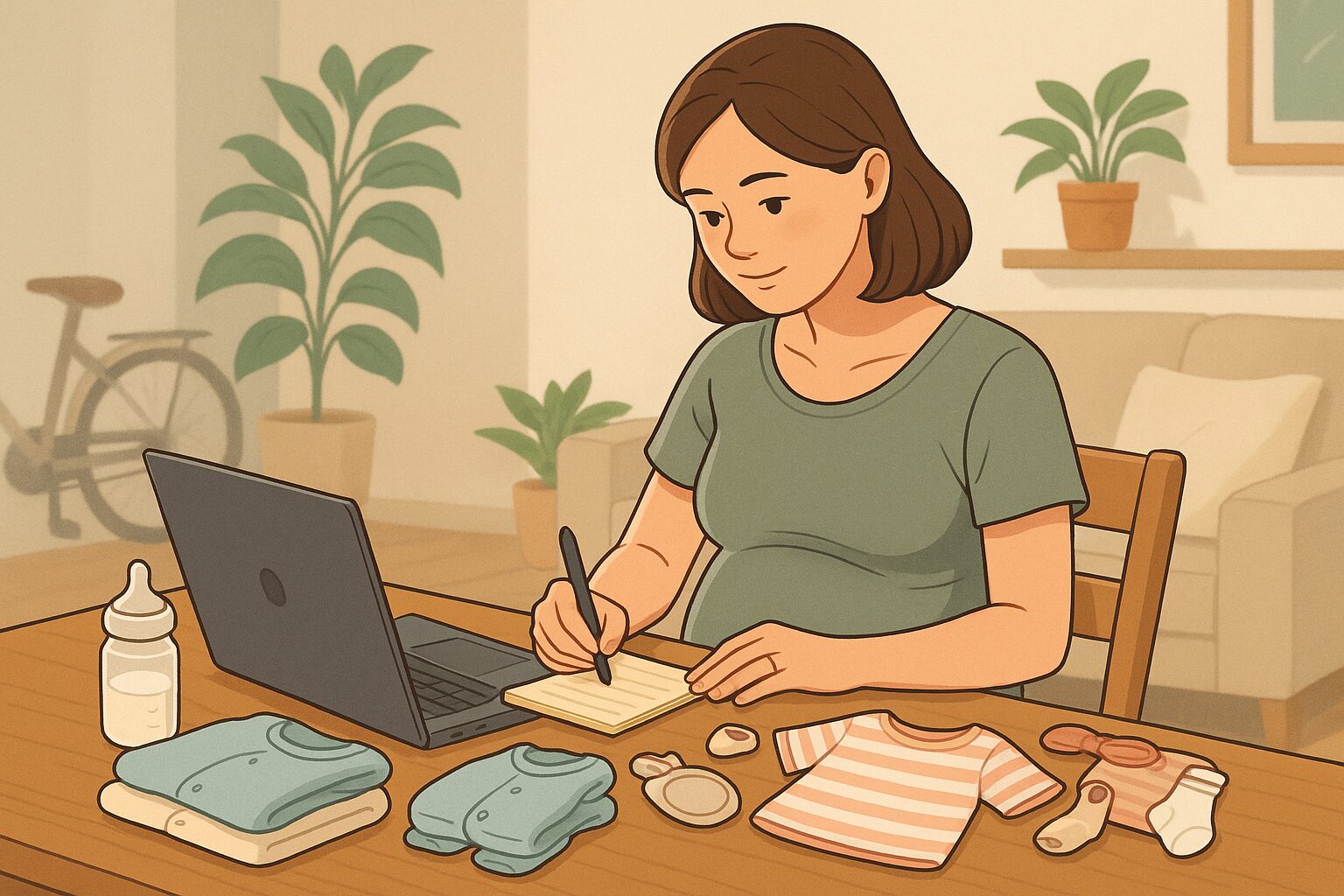 Pregnant woman planning baby care with notes and laptop